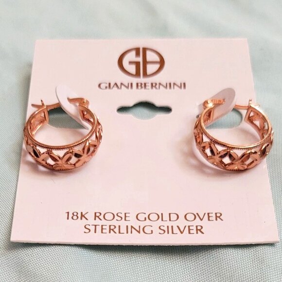 Giani Bernini 18K Rose Gold Sterling Silver Floral Hoop Earrings NWT - Picture 3 of 4
